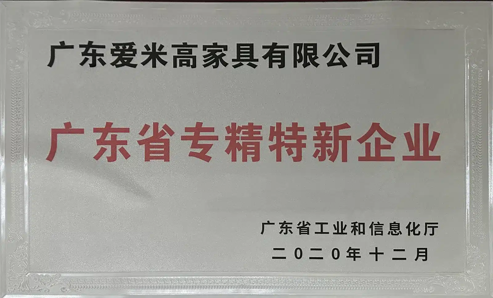 广东省专精特新企业证书 广东省工业和信息化厅 2020年12月
